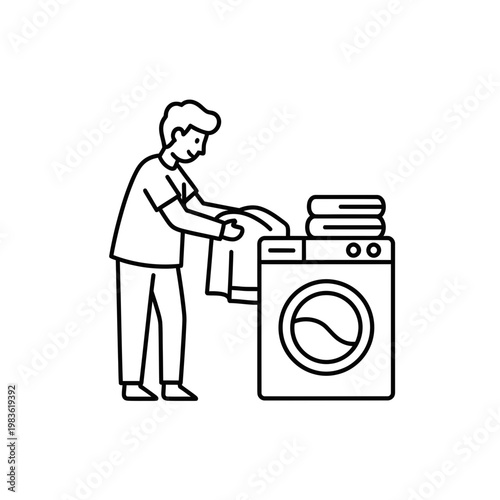Man Doing Laundry at Home Line Art Illustration