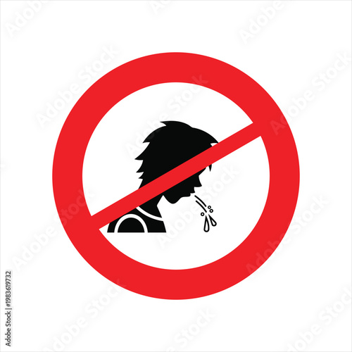 Spitting sign depicts a red prohibition circle over a person silhouette spitting on the ground.