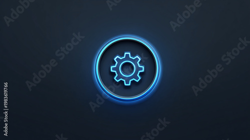 A glowing blue gear icon within a ring on a dark background