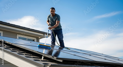 Professional worker cleaning solar panels on residential house roof with water brush under clear blue sky for green energy