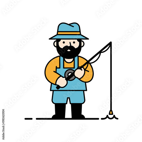 Bearded fisherman holding fishing rod vector illustration