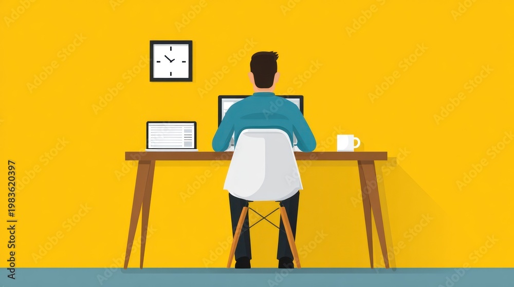 Fototapeta premium Person sits at a desk working on a computer in a brightly colored office setting