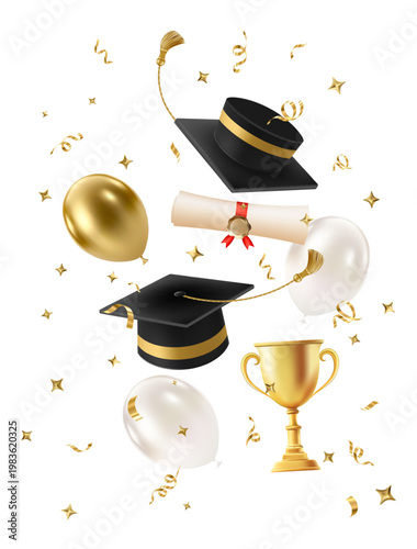 3d flying graduate hat. Vintage roll paper with black mortarboard. Graduation celebration party invitation, ad banner, promo poster. Vector illustration. EPS 10.