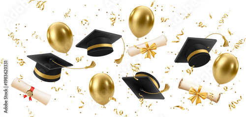 3d flying graduate hat. Vintage roll paper with black mortarboard. Graduation celebration party invitation, ad banner, promo poster. Vector illustration. EPS 10.