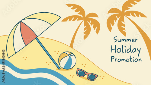 Sunny beach scene with umbrella, ball, and sunglasses, perfect for summer holiday promotions.