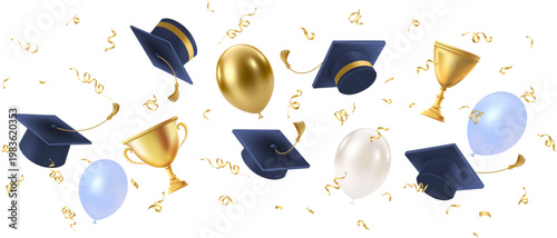 3d flying graduate hat. Vintage roll paper with black mortarboard. Graduation celebration party invitation, ad banner, promo poster. Vector illustration. EPS 10.