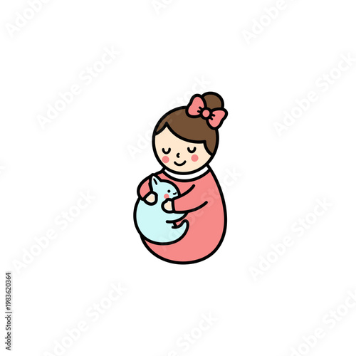 Cute Kawaii Girl Hugging a Little Blue Cat Illustration