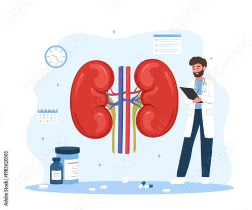 Nephrologist concept. Kidney failure disease. Medical diagnosis and treatment. Male doctor. Nephrology and urinary system treatment. Flat vector illustration.
