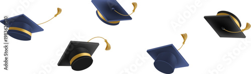 3d flying graduate hat. Vintage roll paper with black mortarboard. Graduation celebration party invitation, ad banner, promo poster. Vector illustration. EPS 10.