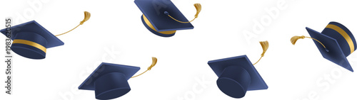 3d flying graduate hat. Vintage roll paper with black mortarboard. Graduation celebration party invitation, ad banner, promo poster. Vector illustration. EPS 10.