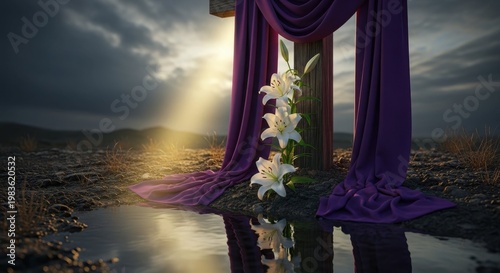 Elegant lilies adorned with purple fabric against a moody landscape