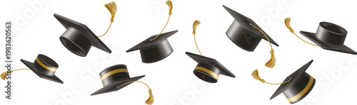 3d flying graduate hat. Vintage roll paper with black mortarboard. Graduation celebration party invitation, ad banner, promo poster. Vector illustration. EPS 10.