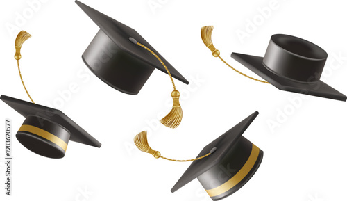 3d flying graduate hat. Vintage roll paper with black mortarboard. Graduation celebration party invitation, ad banner, promo poster. Vector illustration. EPS 10.