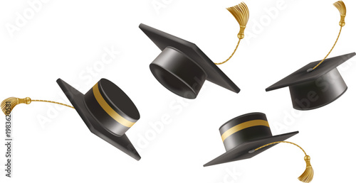 3d flying graduate hat. Vintage roll paper with black mortarboard. Graduation celebration party invitation, ad banner, promo poster. Vector illustration. EPS 10.