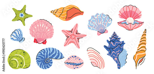 Trendy sea shells vector set with starfish, shells, and ocean elements in bright summer colors. Hand drawn coastal collection perfect for stickers, prints, packaging and seasonal projects