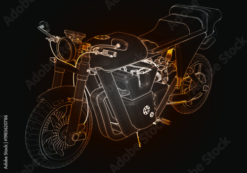High detailed outline of a motorcycle showing its structure and design with bright colors on a dark background