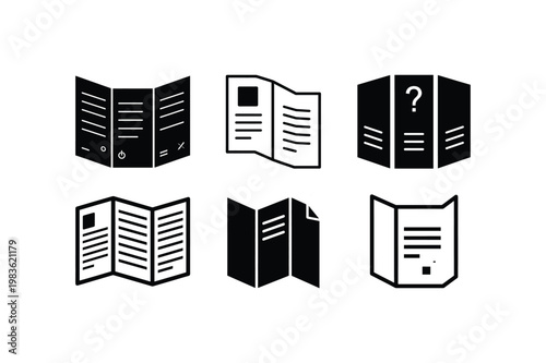 Instruction leaflet paper document silhouette vector set