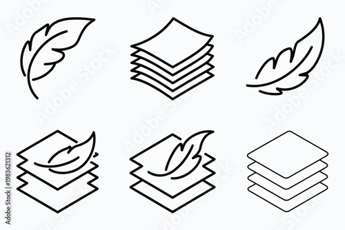 Fabric with feather filler icon set, high comfort structure with lightweight design representing soft material insulation, bedding quality, textile innovation and premium comfort concept