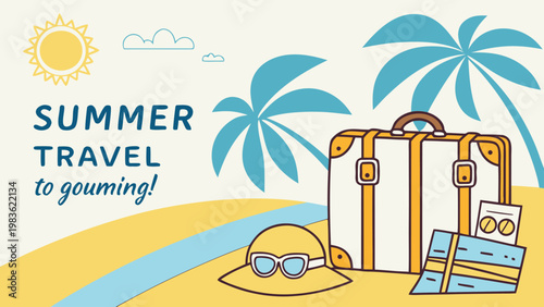 Ready for a sunny summer vacation with vintage suitcase, sun hat, and map