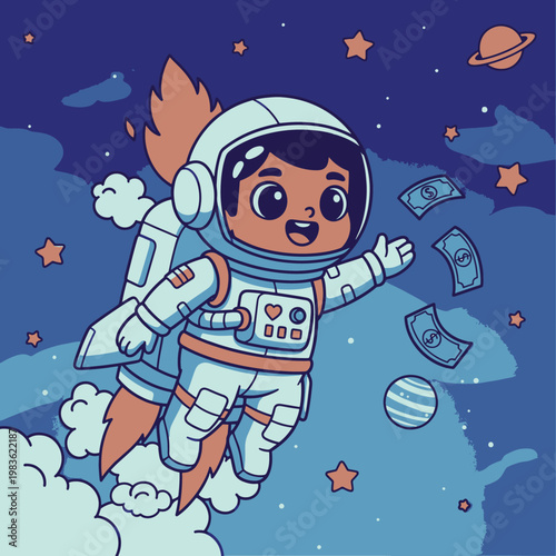 Happy cartoon astronaut child with a jetpack flying through space surrounded by floating money.