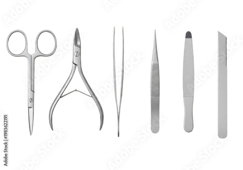 Assorted surgical instruments displayed in a row for medical use