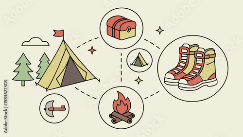 Outdoor camping adventure icons connect a tent, campfire, axe, chest, and hiking boots.