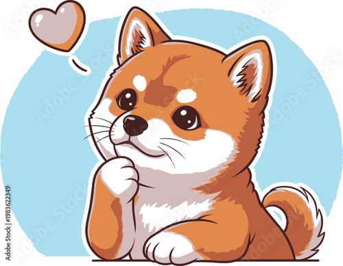 Adorable cartoon Shiba Inu puppy with a thoughtful, loving expression and a floating heart.