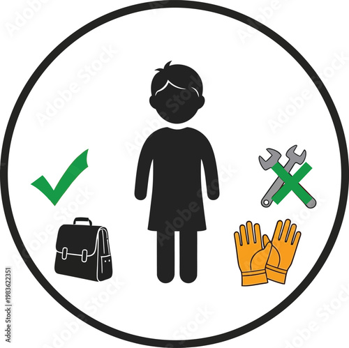 Person with symbols representing education, approval, and manual labor