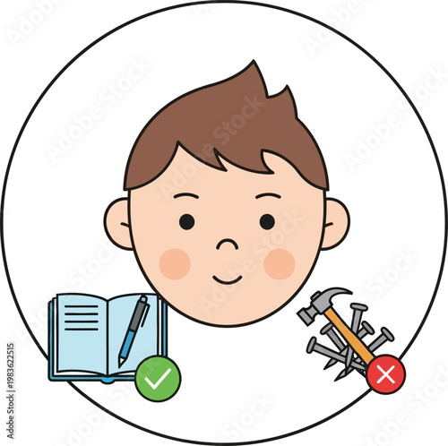 A child balancing education and construction interests with a book and tools.