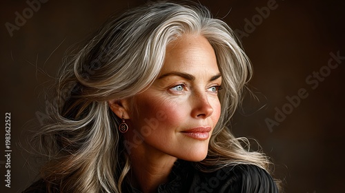 Blonde woman with wavy hair in dark clothing, serious expression