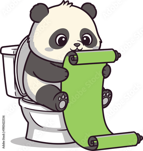 A cute cartoon panda sitting on a toilet while holding a long green paper scroll.