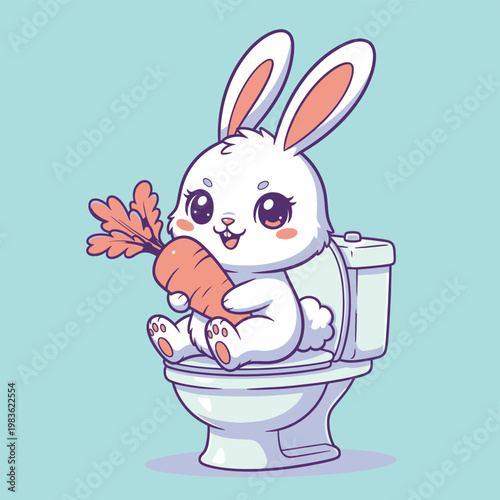 Cute white cartoon rabbit with big eyes sitting on a toilet while holding a large carrot.