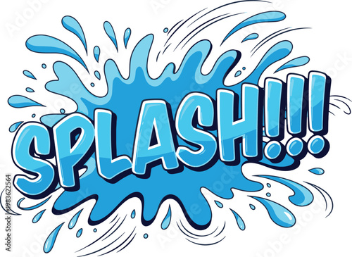 Bold blue comic book text effect for the word SPLASH with a dynamic water explosion and droplets.