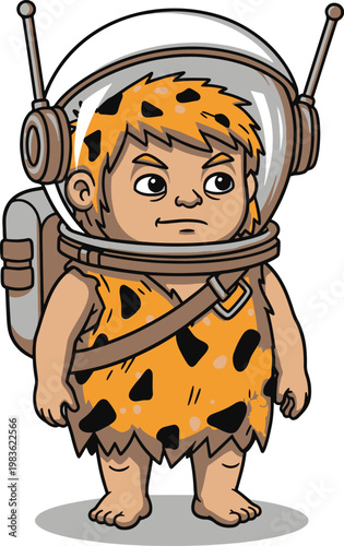 Cartoon caveman character wearing a futuristic astronaut helmet and an orange animal-print tunic.
