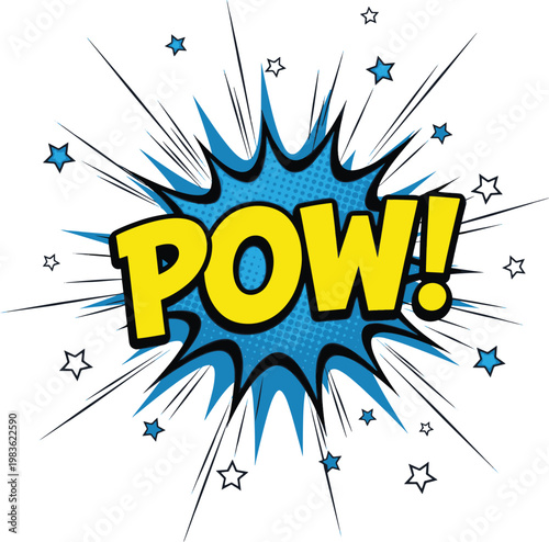 Bold yellow POW text in a blue comic book style explosion with halftone dots and action lines.