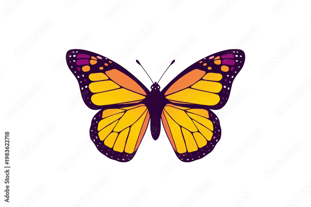 Obraz premium Monarch butterfly spreading wings with orange, yellow, and purple patterns on transparent background, symbolizing transformation and freedom