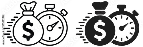 Fast loan finance icon with stopwatch and money, professional concept depicting urgent cash advance, quick financial service, instant funding solutions and rapid approval