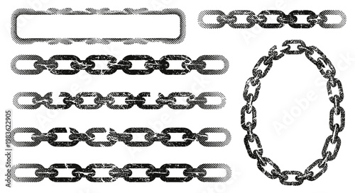 Collection of metal chain links and circles on white background.