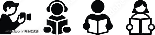 People activity icon set. Photographer, reading, listening music, student - stock vector