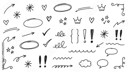 Hand Drawn Pen Doodle Symbol Set for Scrapbook Annotation, Social Media Decoration, Journal Layout and Creative Graphic Design Projects