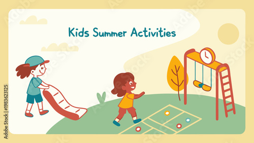 Joyful children enjoying outdoor summer activities and games in a park