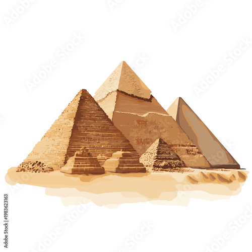 Pyramids of Giza. Pyramids of Giza hand drawn watercolor illustration on white background