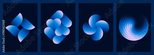 Abstract glass gradient geometric poster vector set. Minimal futuristic covers with refracted capsule shapes, swirl petals and luminous concentric circles for social media post, banner, flyer