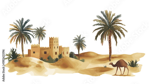 Sahara at Douz. Sahara at Douz hand drawn watercolor illustration on white background