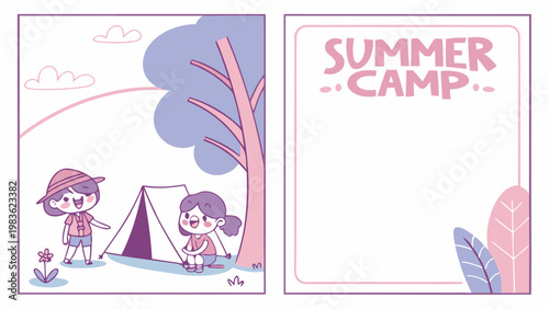 Happy children enjoying a summer camp adventure outdoors with a tent and nature scene.