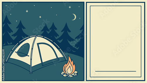 Cozy campsite at night with a glowing campfire and starry sky, ready for adventure.