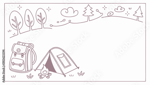 Whimsical camping scene with a tent, backpack, and campfire under a stylized sky.