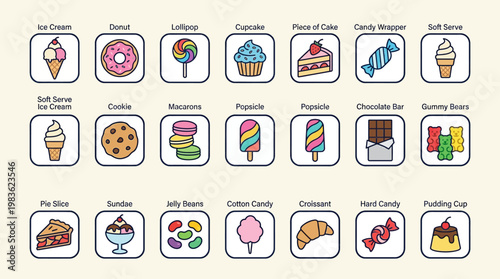 Colorful dessert icons on screen.