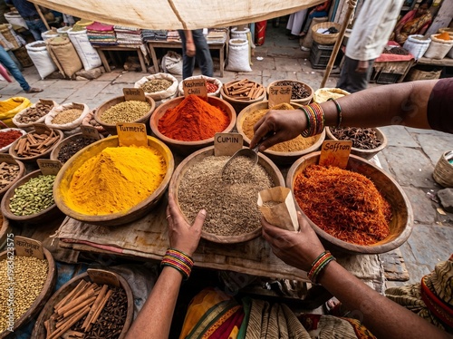 Colorful mounds of traditional spices in wooden bowls at authentic South Asian bazaar with vendor hands in warm natural light
