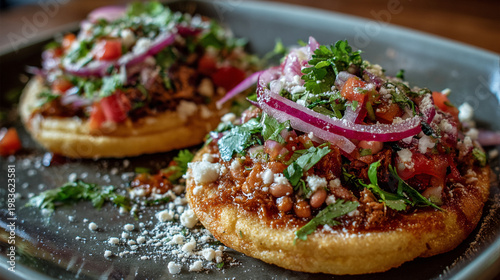 Two delicious sopes topped with savory shredded meat fresh tomatoes red onion and crumbled cheese adorn a dark plate a vibrant culinary delight